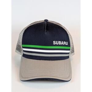 Subaru Trucker Hat Mesh Snapback Navy White Logo Outdoor Hiking Automotive Cap